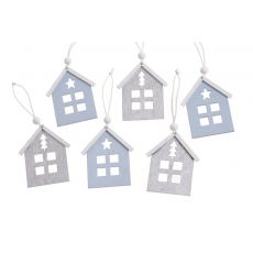 Vánoční domečky závěsná dřevěná dekorace sada 4 kusy